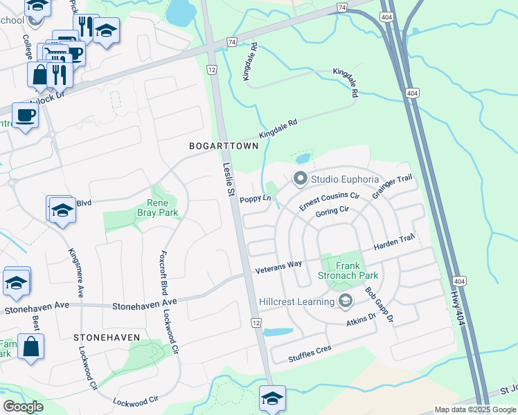 map of restaurants, bars, coffee shops, grocery stores, and more near 1063 Warby Trail in Newmarket