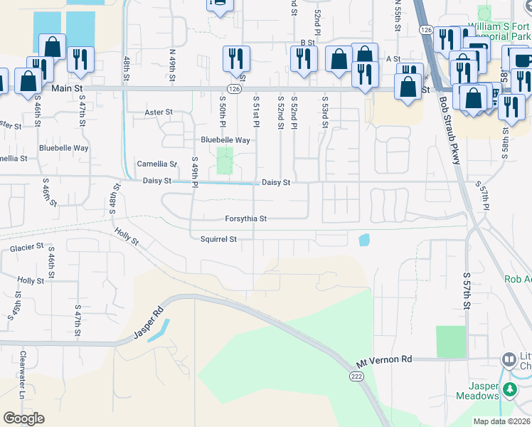map of restaurants, bars, coffee shops, grocery stores, and more near 5127 Forsythia Street in Springfield