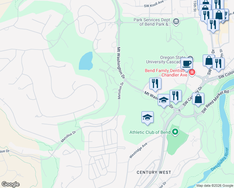 map of restaurants, bars, coffee shops, grocery stores, and more near 61683 Metolius Drive in Bend