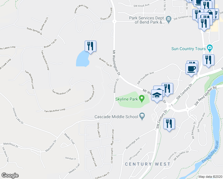 map of restaurants, bars, coffee shops, grocery stores, and more near 61683 Metolius Drive in Bend