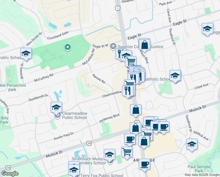 map of restaurants, bars, coffee shops, grocery stores, and more near 418 Rannie Road in Newmarket
