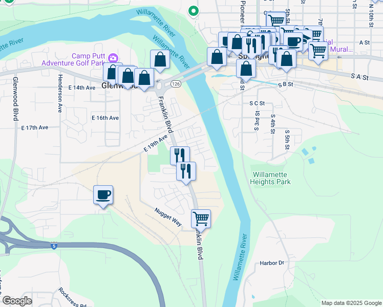 map of restaurants, bars, coffee shops, grocery stores, and more near 4611 Franklin Boulevard in Eugene