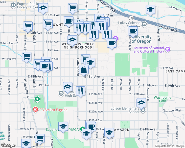 map of restaurants, bars, coffee shops, grocery stores, and more near 765 East 18th Avenue in Eugene