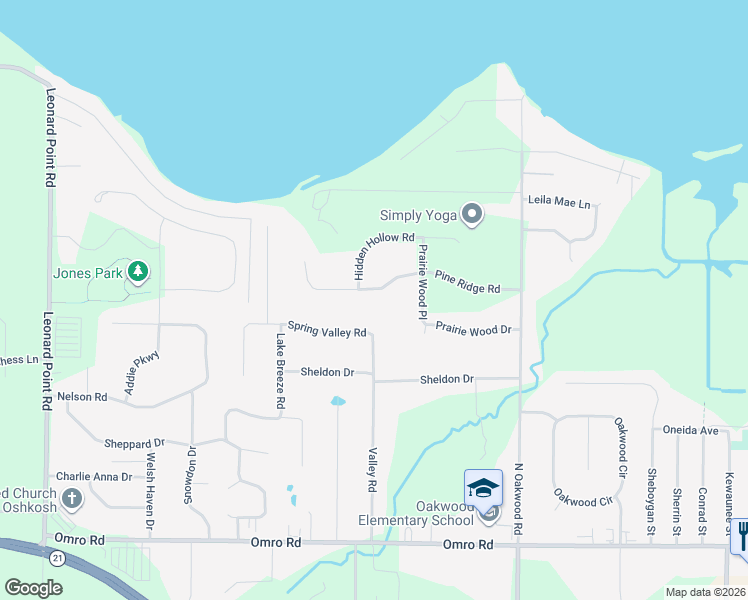 map of restaurants, bars, coffee shops, grocery stores, and more near 3104 Spring Valley Road in Oshkosh