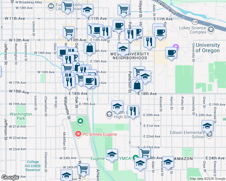 map of restaurants, bars, coffee shops, grocery stores, and more near 480 East 18th Avenue in Eugene