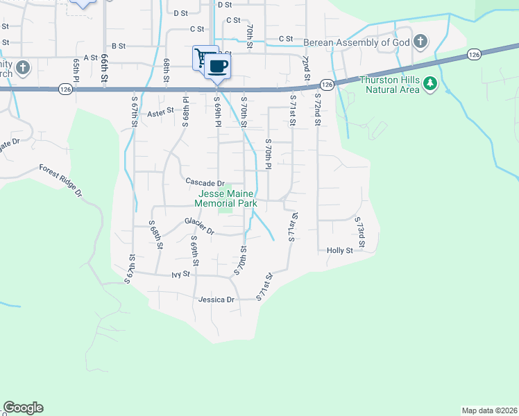 map of restaurants, bars, coffee shops, grocery stores, and more near 7047 South E Street in Springfield