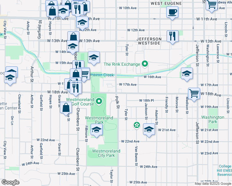 map of restaurants, bars, coffee shops, grocery stores, and more near W 18th Ave & Polk St in Eugene