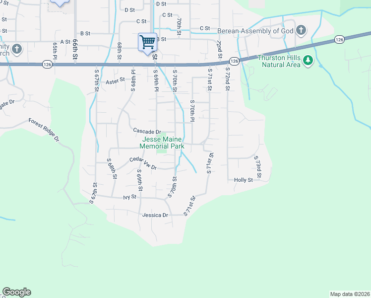 map of restaurants, bars, coffee shops, grocery stores, and more near 7027 South E Street in Springfield