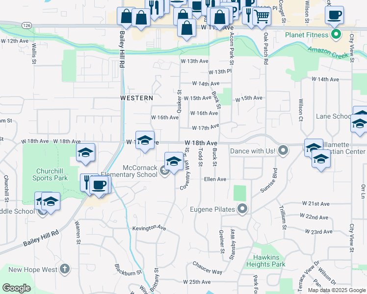 map of restaurants, bars, coffee shops, grocery stores, and more near 1832 Brittany Street in Eugene