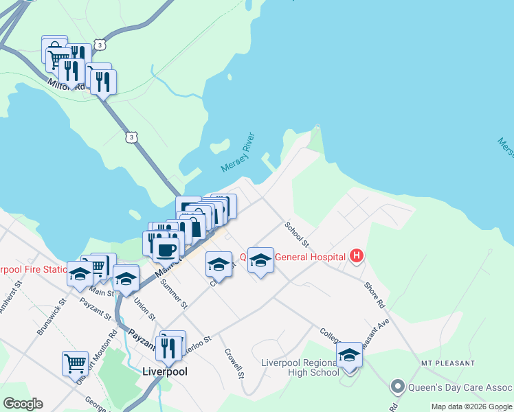 map of restaurants, bars, coffee shops, grocery stores, and more near 99 Main Street in Liverpool