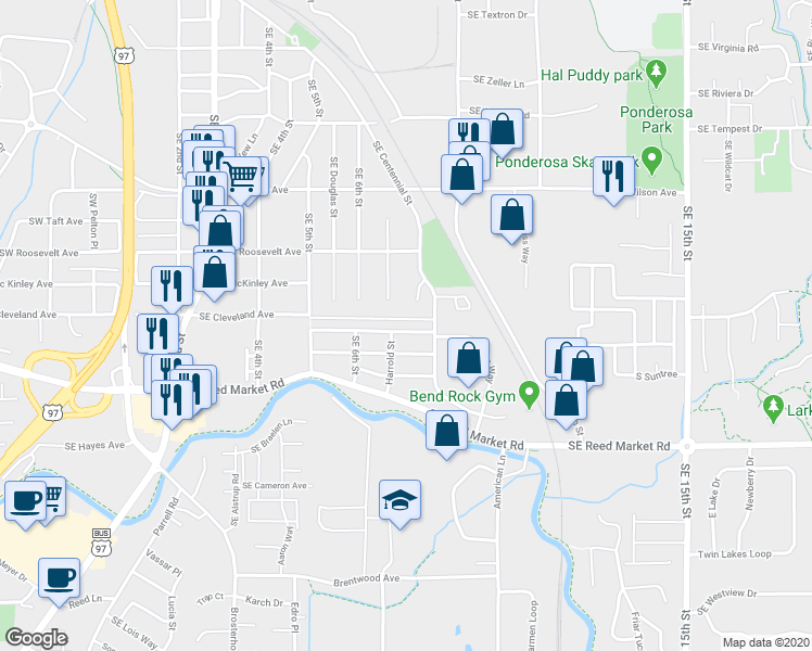 map of restaurants, bars, coffee shops, grocery stores, and more near 669 Southeast Gleneden Place in Bend