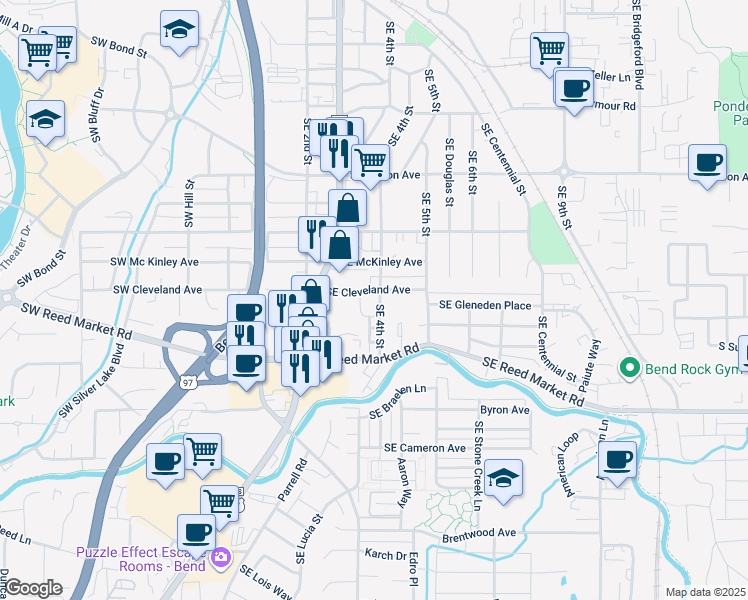map of restaurants, bars, coffee shops, grocery stores, and more near 1036 Southeast Leonel Lane in Bend