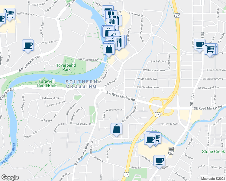map of restaurants, bars, coffee shops, grocery stores, and more near 725 Southwest Reed Market Road in Bend