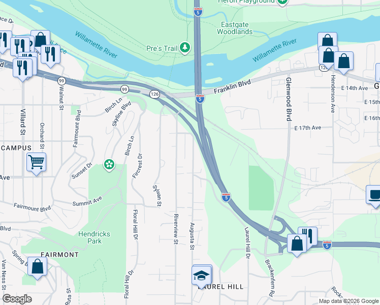 map of restaurants, bars, coffee shops, grocery stores, and more near 1750 Augusta Street in Eugene