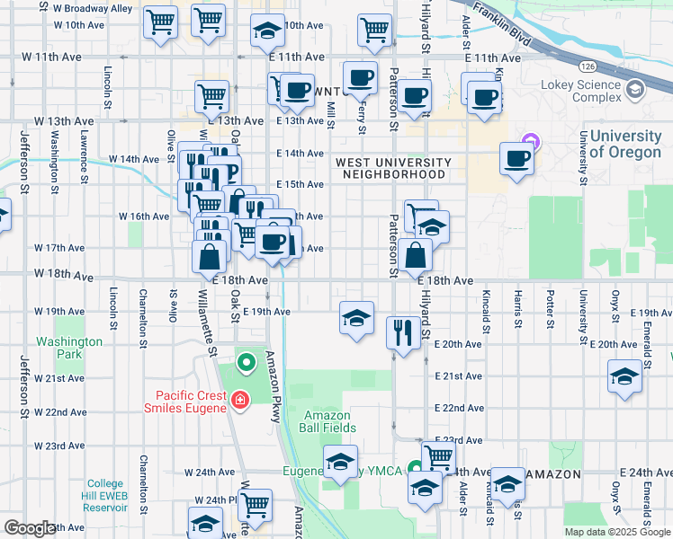 map of restaurants, bars, coffee shops, grocery stores, and more near 390 East 18th Avenue in Eugene