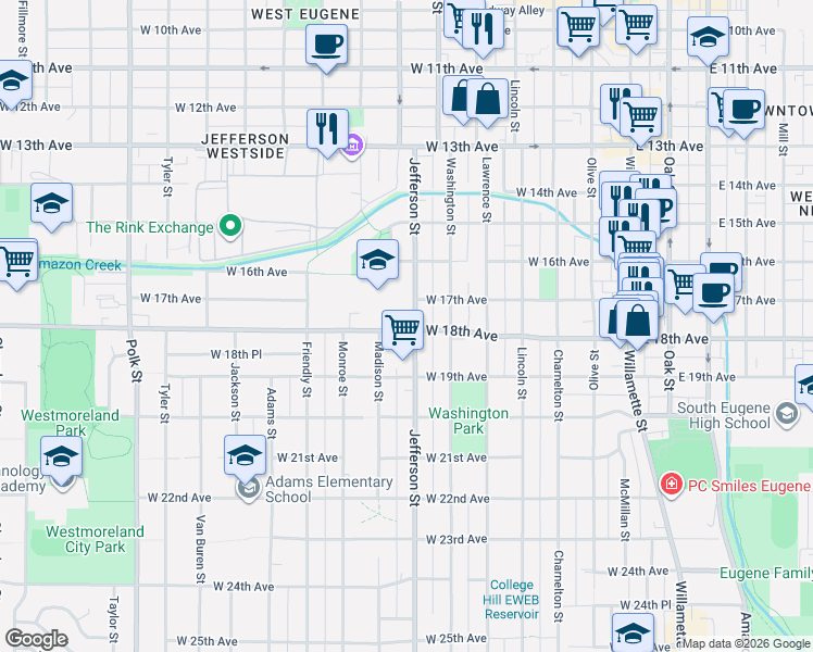 map of restaurants, bars, coffee shops, grocery stores, and more near 644 West 18th Avenue in Eugene