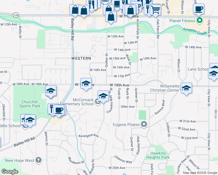 map of restaurants, bars, coffee shops, grocery stores, and more near 1832 Brittany Street in Eugene