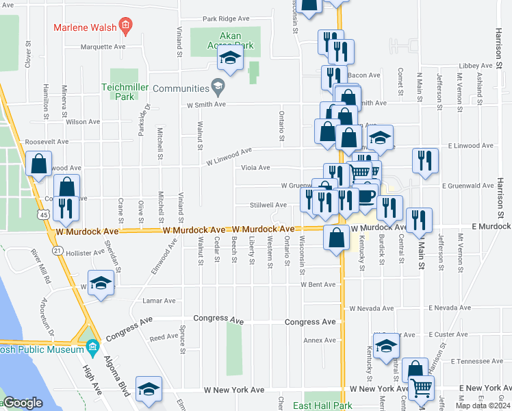 map of restaurants, bars, coffee shops, grocery stores, and more near 800 West Murdock Avenue in Oshkosh