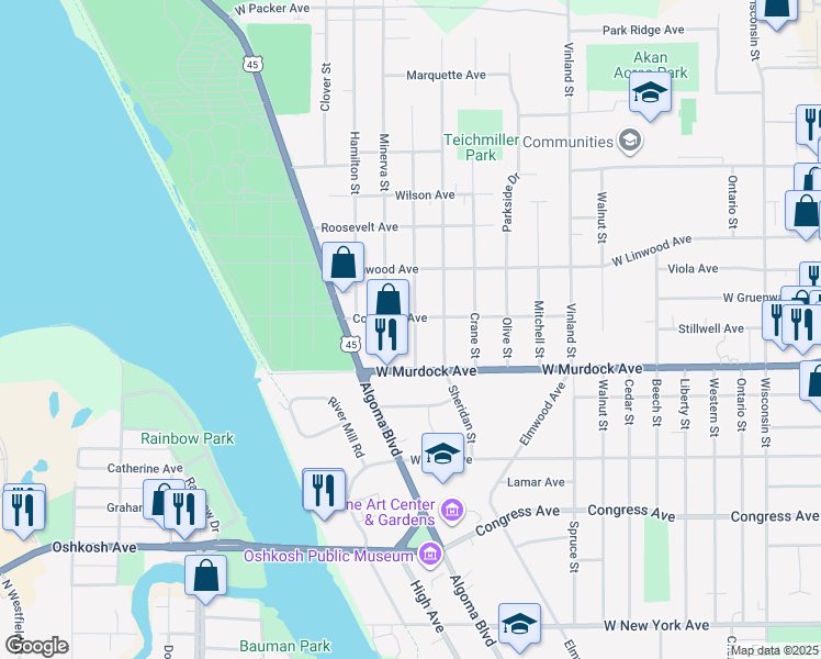 map of restaurants, bars, coffee shops, grocery stores, and more near 1846 Plymouth Street in Oshkosh
