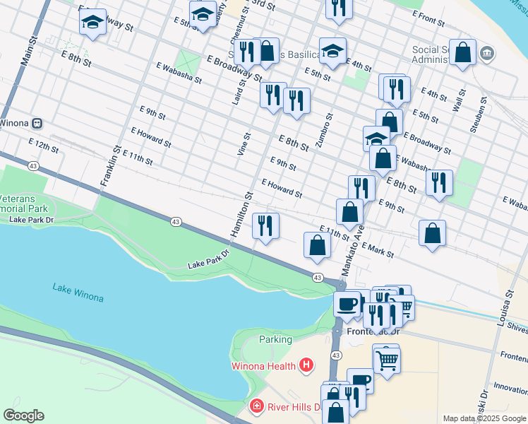 map of restaurants, bars, coffee shops, grocery stores, and more near 579 East Mark Street in Winona