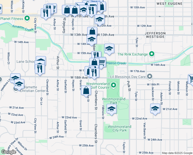 map of restaurants, bars, coffee shops, grocery stores, and more near West 18th Avenue & Chambers Street in Eugene