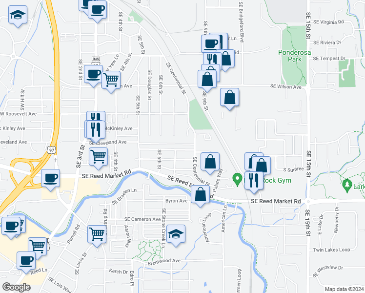 map of restaurants, bars, coffee shops, grocery stores, and more near 652 Southeast Gleneden Place in Bend