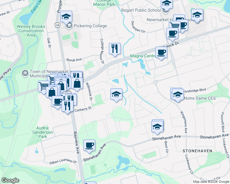 map of restaurants, bars, coffee shops, grocery stores, and more near 646 Walpole Crescent in Newmarket
