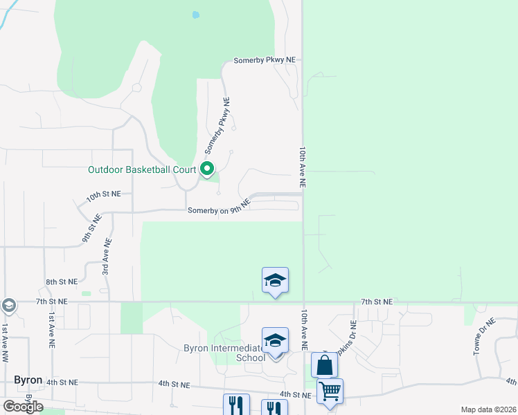 map of restaurants, bars, coffee shops, grocery stores, and more near 670 Shardlow Place Northeast in Byron