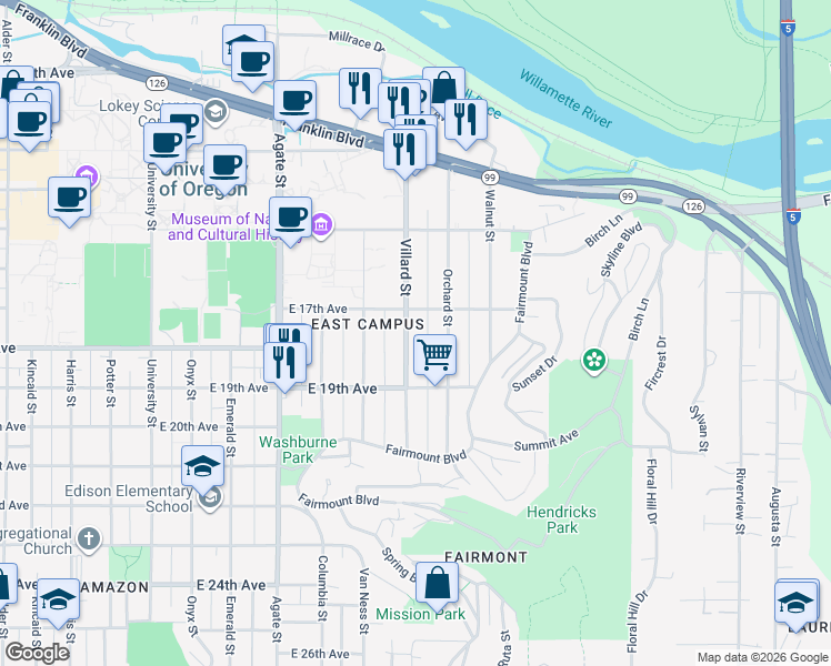map of restaurants, bars, coffee shops, grocery stores, and more near 1753 Villard Street in Eugene
