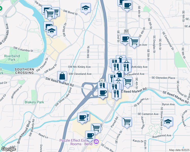 map of restaurants, bars, coffee shops, grocery stores, and more near 35 Southwest Cleveland Avenue in Bend