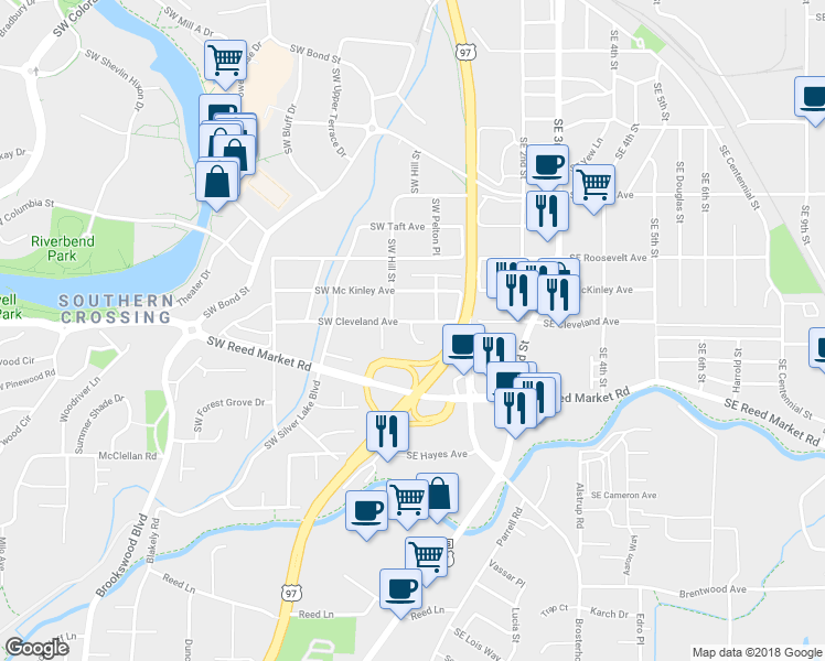 map of restaurants, bars, coffee shops, grocery stores, and more near Southwest Crosscut Court in Bend