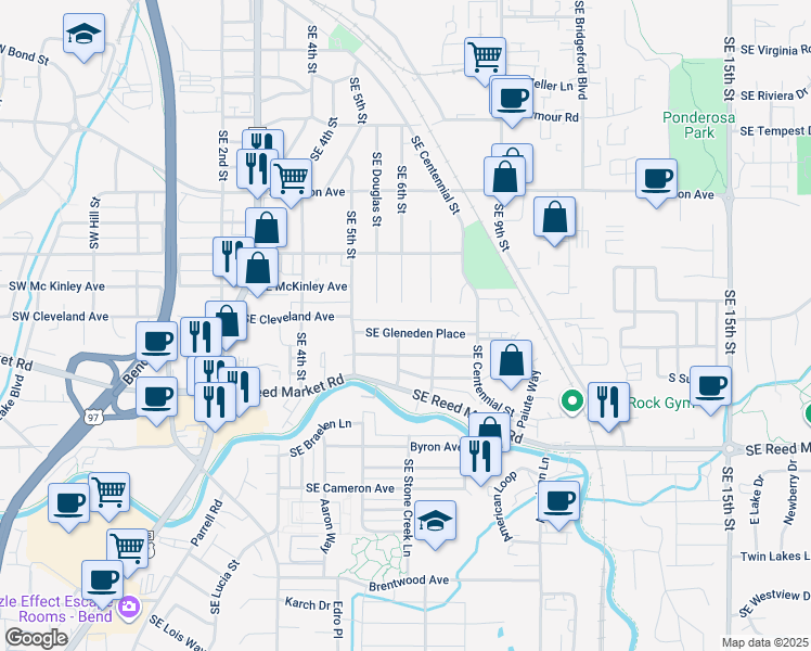map of restaurants, bars, coffee shops, grocery stores, and more near 600 Southeast Gleneden Place in Bend
