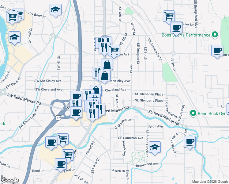 map of restaurants, bars, coffee shops, grocery stores, and more near 367 Southeast Cleveland Avenue in Bend