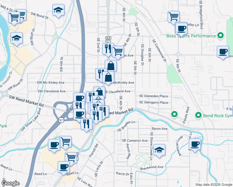 map of restaurants, bars, coffee shops, grocery stores, and more near 1030 Southeast Highway 97 in Bend