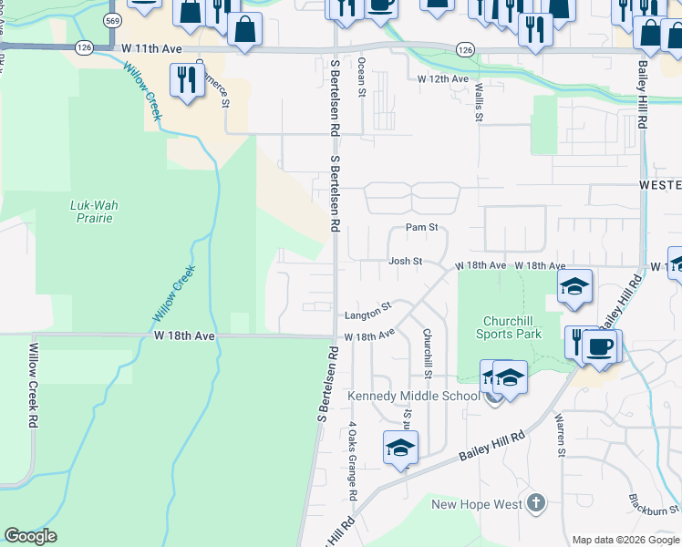 map of restaurants, bars, coffee shops, grocery stores, and more near 1633 South Bertelsen Road in Eugene
