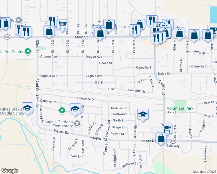 map of restaurants, bars, coffee shops, grocery stores, and more near 3989 South F Street in Springfield