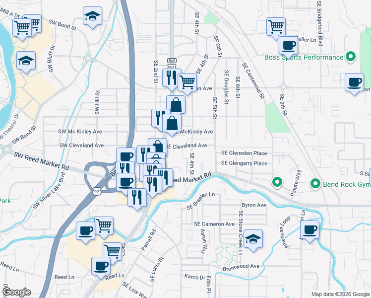 map of restaurants, bars, coffee shops, grocery stores, and more near 1030 Southeast Highway 97 in Bend