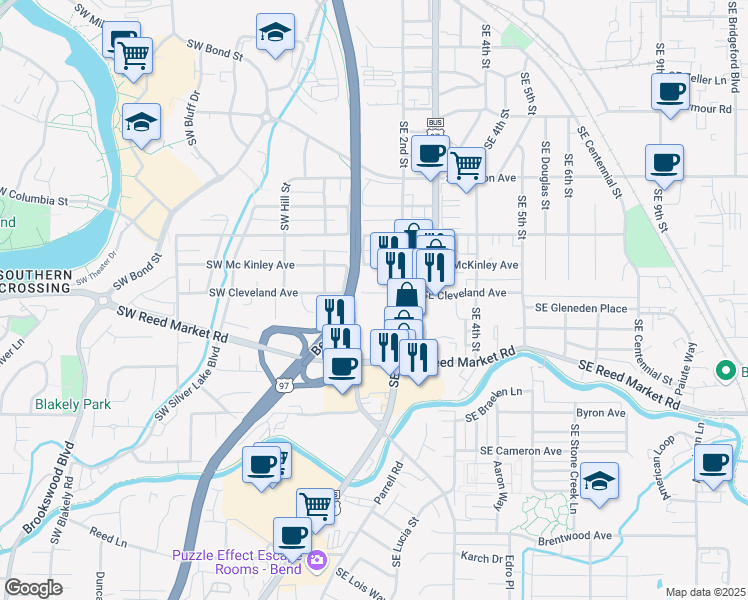 map of restaurants, bars, coffee shops, grocery stores, and more near 1045 Southeast 3rd Street in Bend