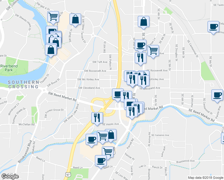 map of restaurants, bars, coffee shops, grocery stores, and more near 79 Bend Parkway in Bend