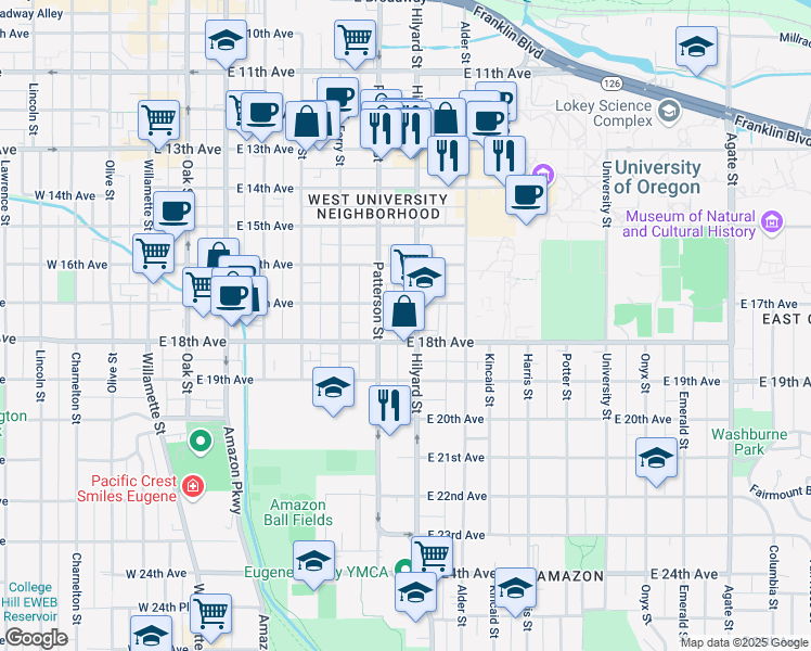 map of restaurants, bars, coffee shops, grocery stores, and more near in Eugene