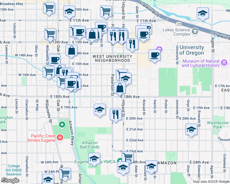 map of restaurants, bars, coffee shops, grocery stores, and more near 595 East 18th Avenue in Eugene