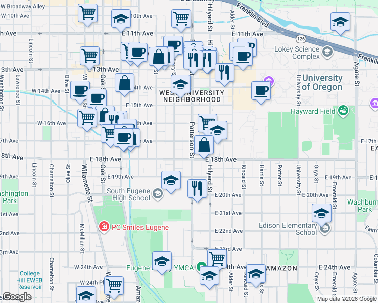 map of restaurants, bars, coffee shops, grocery stores, and more near 595 East 18th Avenue in Eugene