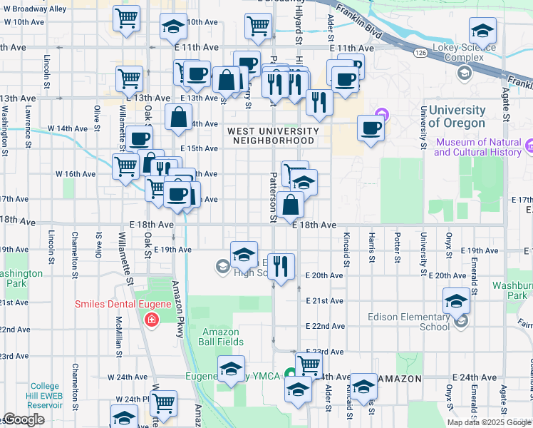 map of restaurants, bars, coffee shops, grocery stores, and more near 595 East 18th Avenue in Eugene