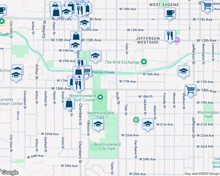 map of restaurants, bars, coffee shops, grocery stores, and more near 1862 Taylor Street in Eugene