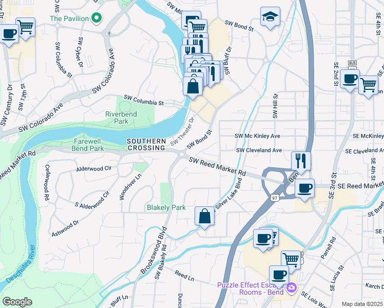 map of restaurants, bars, coffee shops, grocery stores, and more near 985 Southwest Vantage Point Way in Bend
