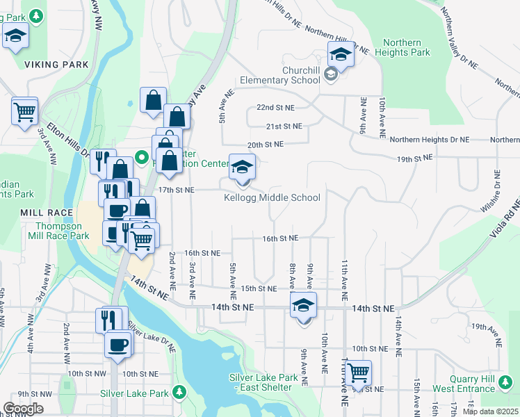 map of restaurants, bars, coffee shops, grocery stores, and more near 503 17th Street Northeast in Rochester