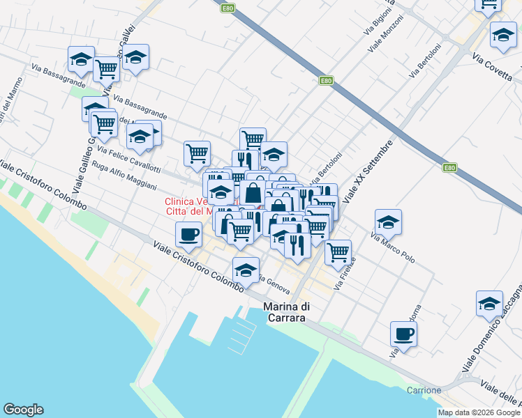 map of restaurants, bars, coffee shops, grocery stores, and more near 20 Via Werther Muttini in Marina di Carrara