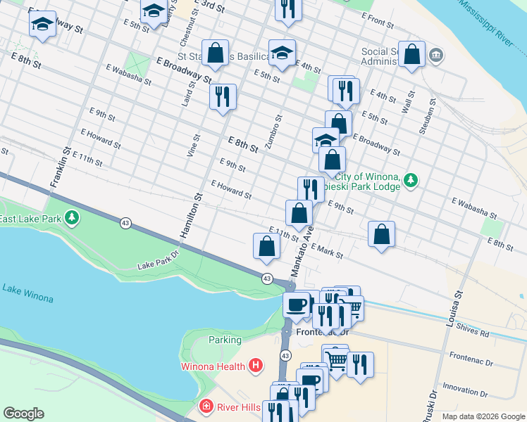 map of restaurants, bars, coffee shops, grocery stores, and more near 702 East Mark Street in Winona