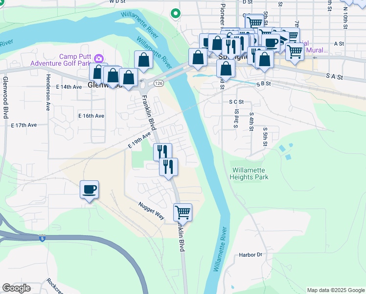 map of restaurants, bars, coffee shops, grocery stores, and more near 4611 Franklin Boulevard in Eugene
