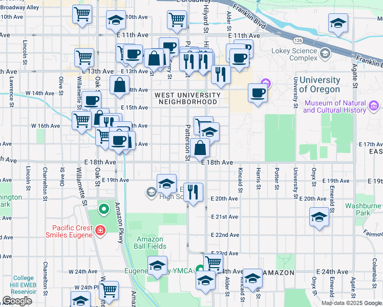 map of restaurants, bars, coffee shops, grocery stores, and more near 1745 Patterson Street in Eugene